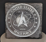 Laser engraved military logo on square natural slate coaster, view 1