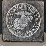 Laser engraved military logo on square natural slate coaster, view 2