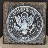 Laser engraved military logo on square natural slate coaster, view 3