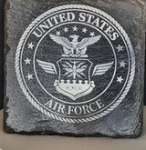 Laser engraved military logo on square natural slate coaster, view 4