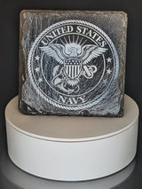 Laser engraved military logo on square natural slate coaster, view 5