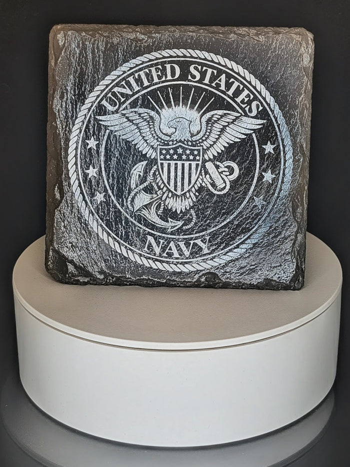 Laser engraved military logo on square natural slate coaster, view 5