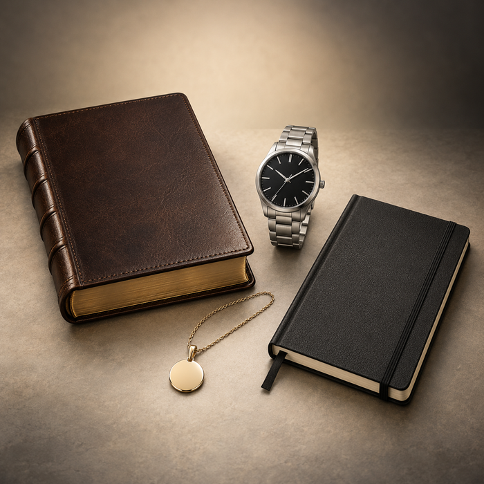 Customer-supplied Bible, watch, jewelry, and notebook available for custom engraving