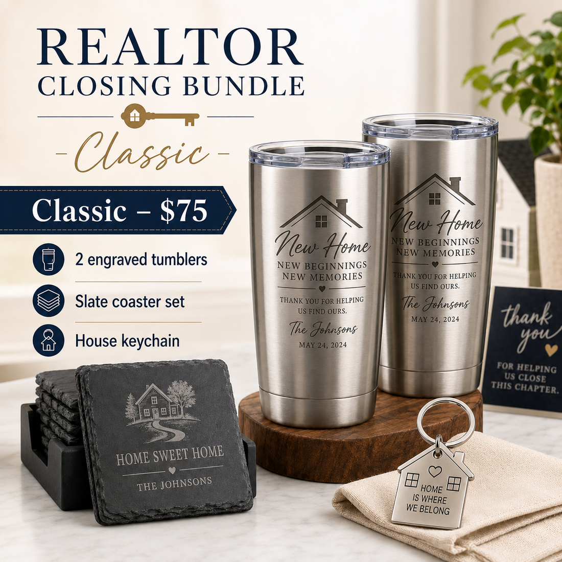 Realtor Closing Bundle Classic $75 with two engraved tumblers, slate coaster set and house keychain