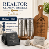 Realtor Closing Bundle Deluxe $125 with two engraved tumblers, slate coaster set, house keychain, cutting board and personalized piece