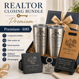 Realtor Closing Bundle Premium $185 with two engraved tumblers, slate coaster set, house keychain, cutting board, personalized piece and gift packaging