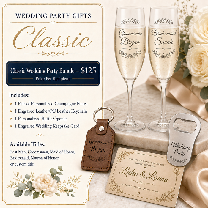Classic Wedding Party Bundle $125 with personalized champagne flutes, leather keychain, bottle opener and wedding keepsake card