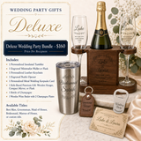 Deluxe Wedding Party Bundle $160 with personalized tumbler, champagne bottle, wooden wine butler, champagne flutes, leather keychain, bottle opener and keepsake card