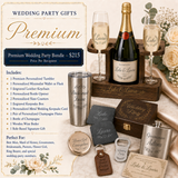 Premium Wedding Party Bundle $215 with champagne bottle, wooden wine butler, champagne flutes, personalized tumbler, slate coasters, keepsake box, flask, keychain and wedding keepsake card